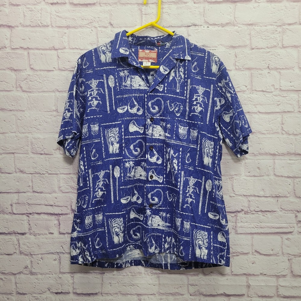 RJC Blue Tiki Tribal Hawaiian Shirt Mens L 100% Cotton Button Aloha Summer Beach